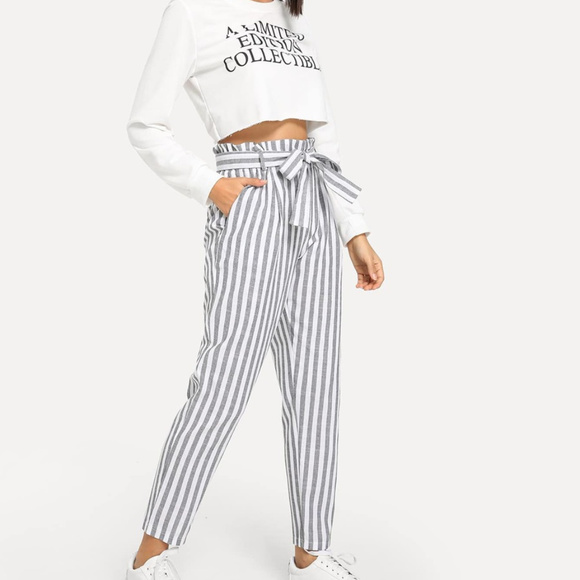 Monarch Fashion Pants - Mid Waist Pinstripe High Waisted Drawstring Pants